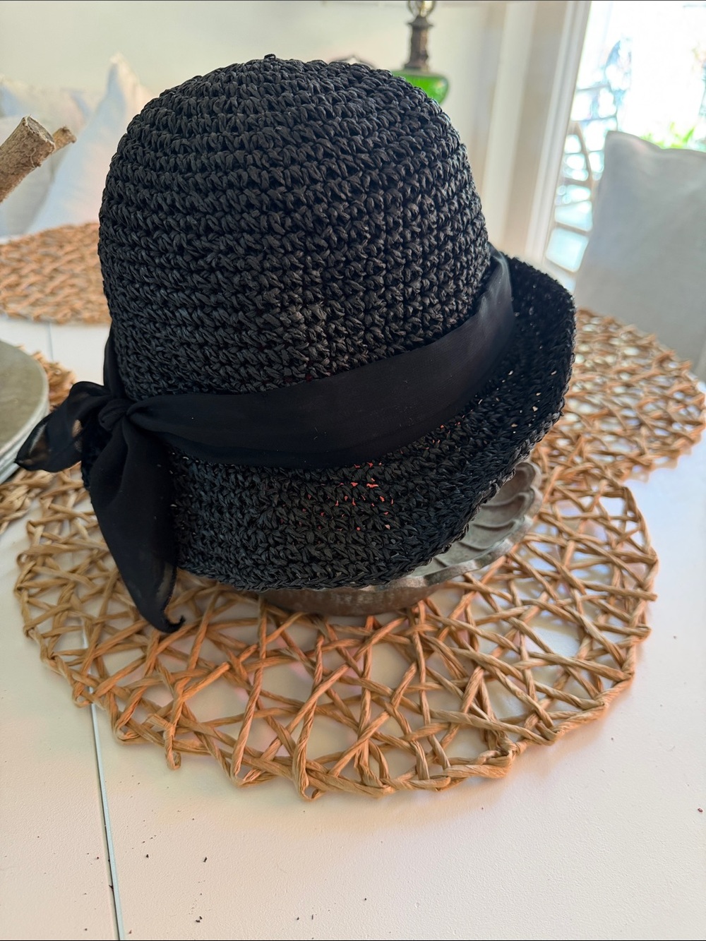 H&M Black Crochet Cloche Hat with Bow Trim